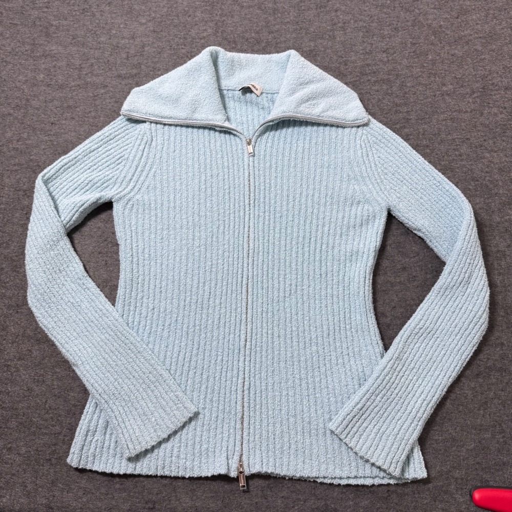 Nanushka Light Blue Ribbed Organic Cotton Zip Up Cardigan Sweater Womens M